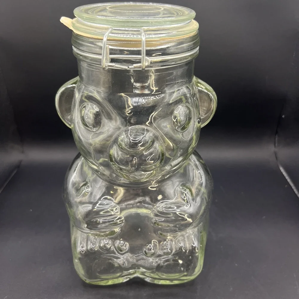 Teddy Bear Cookie Jar Glass Canister Hermetic Wire Clamp Lid Unmarked Vintage